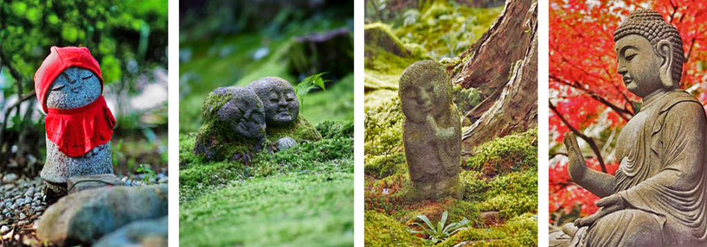 Statues in Japanese gardens, source: tokyotimes.org, pinterest.com, wabisabilife.cz